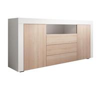 MB Muebles Bonitos, Buffet avec Deux Portes et Trois caissons Yanis pour Salon et Salle à Manger Moderne, Mélamine Mate, Couleur Blanc et Sonoma, 160x72x35 cm