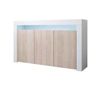 MB Muebles Bonitos | Buffet Bahut 3 Portes avec LED 155 x 91,5 37cm Couleur Blanc Brillant et Sonoma Modèle Aker