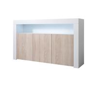 MB Muebles Bonitos - Buffet Salle à Manger Aker - Bahut Salon Design Scandinave avec LED - 3 Portes - Meuble de Rangement - Blanc Brillant et Chêne Sonoma Mat - 155 x 91,5 x 37 cm