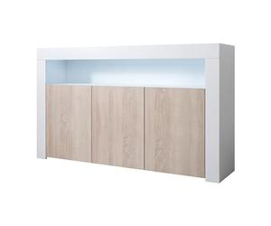 MB Muebles Bonitos - Buffet Salle à Manger Aker - Bahut Salon Design Scandinave avec LED - 3 Portes - Meuble de Rangement - Blanc Brillant et Chêne Sonoma Mat - 155 x 91,5 x 37 cm