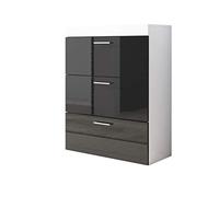 MB Muebles Bonitos, Commode Dalia avec 3 Tiroirs et Poignées Métalliques, Meuble de Chambre á Coucher en Mélamine Brillant, Couleur Blanc et Noir, 75x99x36 cm