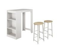 MB Muebles Bonitos | Ensemble Table Haute et 2 Tabourets Kyra | Mange-Debout de Cuisine avec 3 Étagères de Rangement | Set de Bar Moderne Gain de Place | Blanc | 110x103x50 cm