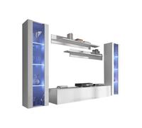 MB Muebles Bonitos Meuble de Salon Suspendu Nora 8 | Grand Ensemble de Séjour avec 2 Vitrines LED, Meuble TV et Étagères | Façades MDF Blanc Brillant et Système Push-Click | Design Symétrique Premium