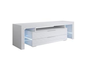 MB Muebles Bonitos, Meuble TV Selma avec Lumière LED pour Salon Moderne, 2 Tiroirs avec Poignées Métalliques, Meuble en Mélamine Brillante, Couleur Blanc, 160x53x35 cm
