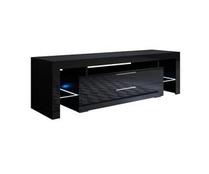 MB Muebles Bonitos, Meuble TV Selma avec Lumière LED pour Salon Moderne, 2 Tiroirs avec Poignées Métalliques, Meuble en Mélamine Brillante, Couleur Noir, 160x53x35 cm
