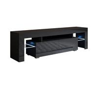 MB Muebles Bonitos, Meuble TV Unai avec Lumière LED pour Salon Moderne, 2 Tiroirs avec Ouverture Push, Meuble en Mélamine Brillante, Couleur Noir, 160x45x35 cm