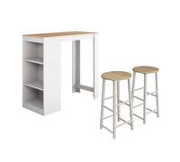 MB Muebles Bonitos, Table de Bar Haute avec 2 Tabourets Kyra pour 2 Personnes avec 3 Étagères, Table Cuisine avec Rangement, Mélamine Mate, Couleur Blanc, 110x103x50 cm