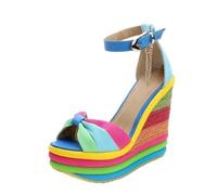 MBACODAI Sandales Femmes Compensées Hautes Multicolores Patchwork Sandales Colorées Talons Hauts Espadrilles (Color : bleu, Size : 41 EU)