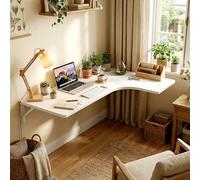 MBBTAG Bureau Mural Rabattable en L, Bois Table Pliante Murale avec Support en Métal pour Ordinateur Petit Espace, Bureau de Télétravail, Chambre et Studio, Capacité 50 kg(Blanc,35.4x23.6in)