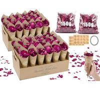 Mbsomnus Lot de confettis biodégradables pour mariage - 300 g de pétales de rose séchés, 60 cônes de confettis de mariage, 60 autocollants de mariage, support de cône en kraft - Décoration pour fête