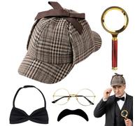 Mbuaopa 5 PCS Accessoires de Costume de Détective, Accessoires Sherlock Holmes, avec Chapeau de Détective, Lunettes, Loupe, Nœud Papillon, Accessoire Ensemble Détective pour Halloween, Carnaval