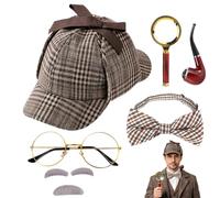 Mbuaopa 6 PCS Accessoires de Costume de Détective, Accessoires Sherlock Holmes, avec Chapeau de Détective, Lunettes, Loupe, Nœud Papillon, Pipe, Accessoire Ensemble Détective pour Halloween, Carnaval