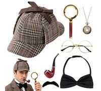 Mbuaopa 7 PCS Accessoires de Costume de Détective, Accessoires Sherlock Holmes, avec Chapeau de Détective, Lunettes, Loupe, Nœud Papillon, Pipe, Accessoire Ensemble Détective pour Halloween, Carnaval