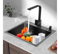 MBUYI Évier de cuisine, carré, en acier inoxydable, 45 x 40 cm, noir, avec robinet, 1 bac simple, avec tous les accessoires pour le montage