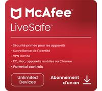 McAfee Livesafe & VPN 2026 | Appareils illimités | 1 an | PC/Mac/Android | En Téléchargements