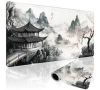 Mcapirivo Grand tapis de souris de jeu japonais noir et blanc en fleurs de cerisier 80 x 40 cm | XXL - Base en caoutchouc antidérapant et bords cousus - Tapis de souris étendu pour PC/ordinateur