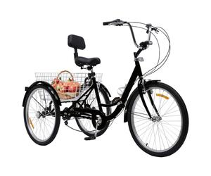 MccoMMon Vélo à trois roues de 24 pouces pour adultes, tricycle pliable à 7 vitesses, hauteur réglable, avec dossier et panier de courses, convient aux personnes d'âge moyen et aux personnes âgées
