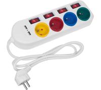 MCE229 W Bloc multiprises rallonge 4 Prises + 2X USB avec interrupteurs 250VAC/10A, 2.1A 5V, 1.5m Blanc