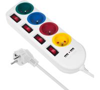 MCE229 W Bloc multiprises rallonge 4 Prises + 2X USB avec interrupteurs 250VAC/10A, 2.1A 5V, 1.5m Blanc