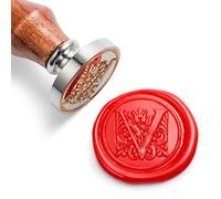 Mceal Tampon de cire - Tête en laiton argenté avec poignée en bois - Série A à Z - Lettre V