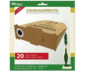 McFilter | 20 sacs à poussière adaptés aux aspirateurs Vorwerk Kobold 130, 131 et modèles SC, disque de recouvrement extra fort avec joint en caoutchouc et bride solide