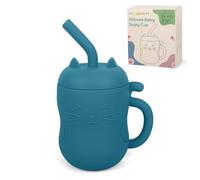MCGMITT Gobelet Bébé Silicone 2 en 1 Chat, Tasse d’Apprentissage avec Paille et Tasse Ouverte, Anti-fuite avec Poignées et Couvercle Amovible Sans BPA, Adapté au Lave Vaisselle 150 ml, 6 Mois+ (Bleu)