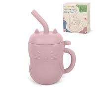 MCGMITT Gobelet d'Apprentissage Bébé 2 en 1 en Silicone, avec Paille et Tasse Ouverte, Anti-fuite, Poignées Ergonomiques Design Chat Lavable au Lave-Vaisselle Sans BPA, 150 ml 10 Mois+ (Rose Clair)