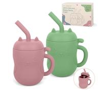 MCGMITT Lot de 2 Gobelets Bébé Silicone, Tasse d’Apprentissage avec Paille et Tasse Ouverte Design Chat Anti-fuite 150 ml Sans BPA Adapté au Lave-vaisselle et au Micro-ondes 4 Mois+ (Rose Foncé/Vert)