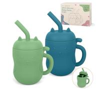 MCGMITT Lot de 2 Gobelets Bébé Silicone, Tasse D'apprentissage 2 en 1 avec Paille et Tasse Ouverte Design Chat Anti-fuite Sans BPA, 150 ml Adapté Lave-vaisselle et Micro-ondes, 10 Mois+ (Vert+Bleu)