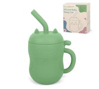 MCGMITT Tasse Apprentissage Bébé Silicone 2 en 1, Gobelet avec Paille et Tasse Ouverte, Design Chat Facilite la prise en main Ergonomique Anti-fuite avec Poignées, Sans BPA, 150 ml, 6 Mois+ (Vert)