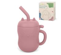 MCGMITT Tasse Bébé 2 en 1 Silicone avec Paille, Gobelet d’Apprentissage Anti-fuite, Tasse Ouverte Poignées Faciles à Saisir Design Chat 150 ml Sans BPA au micro-ondes et au congélateur - Rose Foncé