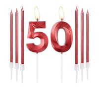 mciskin Bougies d’anniversaire rouges 50 - Design 3D numéro 50 pour gâteau avec ensemble de 6 bougies longues/fines, décoration de gâteau rouge pour anniversaire de 50 ans pour femmes, décorations
