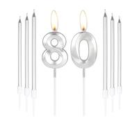 mciskin Bougies d'anniversaire 80e anniversaire en argent - Bougie 3D numéro 80 pour gâteau avec ensemble de 6 bougies longues/fines, décoration de gâteau en argent pour anniversaire de 80 ans pour