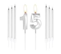mciskin Bougies d'anniversaire argentées 15 - Bougie 3D numéro 15 pour gâteau avec ensemble de 6 bougies longues/fines, décoration de gâteau argentée pour garçon fille, fournitures de décoration pour