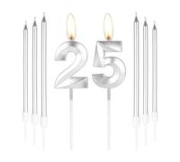 mciskin Bougies d'anniversaire argentées 25 - Bougie 3D numéro 25 pour gâteau avec ensemble de 6 bougies longues/fines, décoration de gâteau argentée pour fille garçon, fournitures de décoration