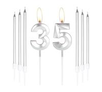 mciskin Bougies d'anniversaire argentées 35 - Bougie 3D numéro 35 pour gâteau avec ensemble de 6 bougies longues/fines, décoration de gâteau argentée pour femme et homme, fournitures de décoration