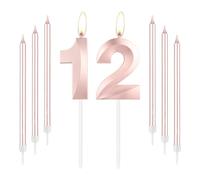 mciskin Bougies d'anniversaire en or rose 12 - Bougie numéro 12 pour gâteau avec ensemble de bougies longues et fines, décoration de gâteau en or rose pour fille de 12 ans, fournitures de décoration