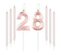 mciskin Bougies d'anniversaire en or rose 28 - Bougie numéro 28 pour gâteau avec ensemble de bougies longues et fines, décoration de gâteau en or rose pour fille, fournitures de décoration pour