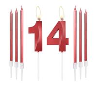 mciskin Bougies d'anniversaire Rouges 14 - Design 3D Numéro 14 pour Gâteau avec Ensemble de 6 Bougies Longues/Fines, Décoration de Gâteau Rouge pour Fille pour 14e Anniversaire, Décorations pour 14e