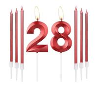 mciskin Bougies d'anniversaire rouges 28 - Bougie numéro 28 design 3D pour gâteau avec lot de 6 bougies longues/fines, décoration de gâteau rouge pour fille décorations d'anniversaire 28 ans