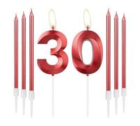 mciskin Bougies d'anniversaire rouges 30 - Design 3D Numéro 30 pour gâteau avec ensemble de 6 bougies longues/fines, décoration de gâteau rouge pour anniversaire de 30 ans pour femmes, décorations