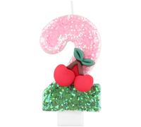 mciskin Bougies de 2e anniversaire cerise pour filles, décorations de 2e anniversaire de fille, bougie rouge en forme de chiffre 2 pour gâteau, décorations de fête rose et verte, décorations de gâteau
