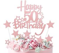 mciskin Décorations de gâteau d'anniversaire « Happy 50th Birthday » or rose pour femmes, décorations de gâteau personnalisées en forme d'étoile à paillettes pour filles et femmes