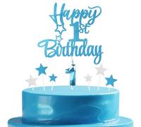 mciskin Ensemble de bougies bleues pour 1er anniversaire - Bougie 3D numéro 1 pour gâteau - Étoile bleue claire et argentée pour filles et garçons - Décorations de fête