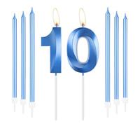mciskin Ensemble de bougies bleues royales pour 10e anniversaire, numéro 10 pour gâteau avec longues bougies fines, décorations de 10e anniversaire pour garçons et filles, bougie bleue saphir