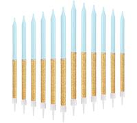 mciskin Lot de 12 bougies d'anniversaire bleues dorées pour gâteau, décorations de gâteaux pour fête d'anniversaire, longues bougies dorées brillantes, bougies de fête, fêtes prénatales, anniversaire