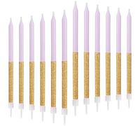 mciskin Lot de 12 bougies d'anniversaire violettes et dorées pour gâteau, décorations de gâteaux pour fête d'anniversaire, bougies longues dorées brillantes, bougies de fête, fêtes prénatales
