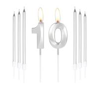 mciskin Lot de 6 bougies d'anniversaire argentées en forme de chiffre 10 pour gâteau avec 6 bougies longues et fines, décoration de gâteau pour fille et garçon, 10e anniversaire de mariage