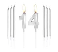 mciskin Lot de 6 bougies d'anniversaire argentées en forme de chiffre 14 pour gâteau avec 6 bougies longues et fines, décoration de gâteau pour fille et garçon, 14e anniversaire de mariage