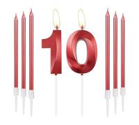 mciskin Lot de 6 bougies d'anniversaire rouges en forme de chiffre 10 pour gâteau avec 6 bougies longues et fines, décoration de gâteau rouge pour fille - Fournitures de décoration de 10e anniversaire